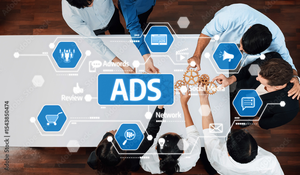 Poster a diverse group of professionals collaborates on advertising strategies using technology in a modern