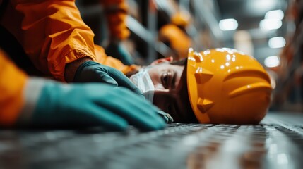 A focused worker in safety gear lies on the warehouse floor, showcasing the importance of safety and diligence in the industrial environment. The image captures dedication.