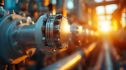 Shiny industrial pipes lined up against a glowing sunset create a striking visual contrast, highlighting the blend of nature and technology in modern infrastructure.