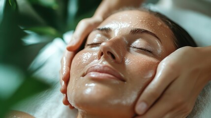 A serene spa treatment scene showcasing a woman enjoying a facial massage, exuding tranquility and skincare benefits amidst calming ambiance and nature-inspired elements.