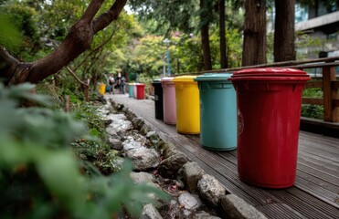 Colorful row of trash bins promoting recycling in lush park