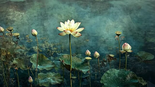 Lotus blossoms in a misty pond