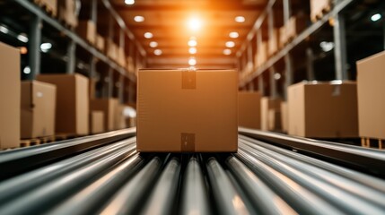 This image features a shipping box positioned perfectly on a conveyor belt within a spacious warehouse, emphasizing logistics and the efficiency of modern distribution.