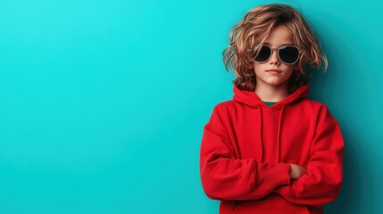 A trendy young boy with wavy hair wearing sunglasses and a red hoodie stands confidently against a vibrant blue background, portraying youthful fashion and attitude.