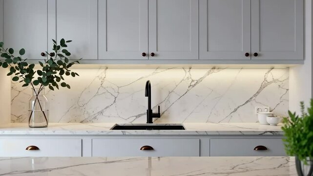 modern kitchen faucet with black matte finish and marble backsplash.