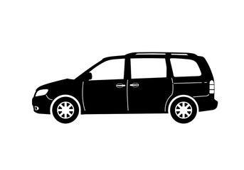 Obraz premium A black minivan silhouette with roof rack and detailed wheels on a white background side view showing doors