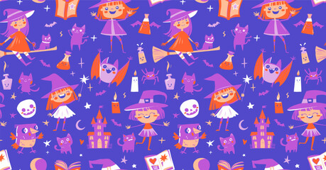 Cute Seamless Halloween Pattern with Witches, Cats, and Potions Purple Cartoon Doodle Style