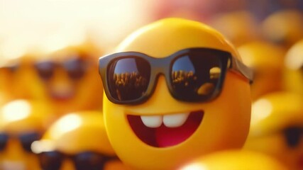 Yellow emoji face with sunglasses. Funny emoji with big smile. Social media projects