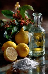 Eco-friendly cleaning products promoting sustainable living with lemons and vinegar