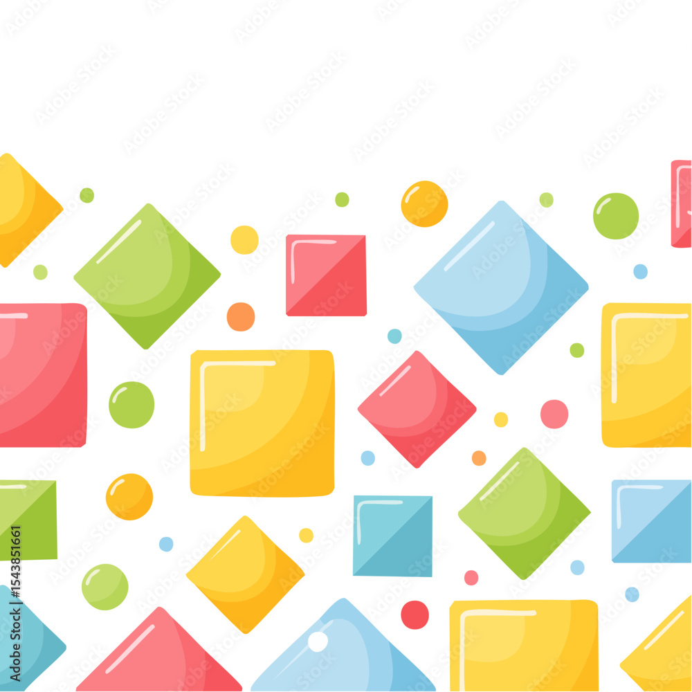 Poster whimsical geometric pattern with colorful shapes on black background, squares triangles and circles 