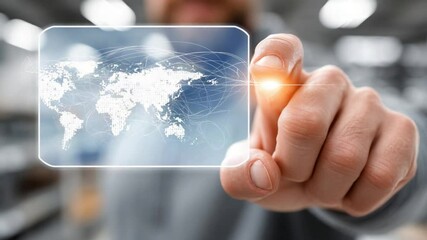 Human Finger Interacting with Futuristic World Map Interface, Global Connection Concept - Powered by Adobe