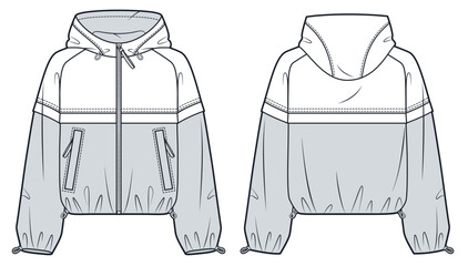 Cropped Windbreaker Jacket with hood fashion flat sketch. Raincoat fashion flat technical drawing template, drawstring, relaxed fit, front and back view, two tone, women, men, unisex CAD mockup. © Liubov Hladka