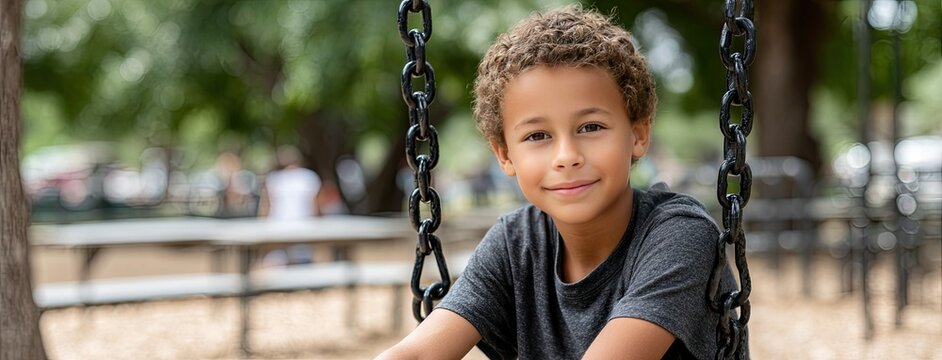 Joyful mixed-race boy sits on a swing in the park, smiling brightly while playing with his mother amidst the vibrant playground backdrop on a sunny day.