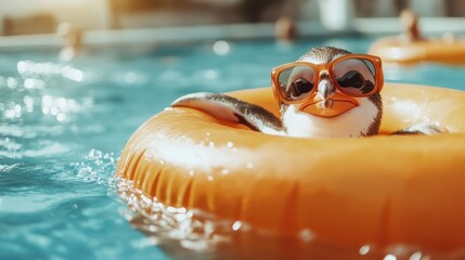 A charming penguin wearing sunglasses, enjoying its time in a pool on a bright day, evoking feelings of joy, fun, and a lighthearted summer vibe perfect for relaxation.