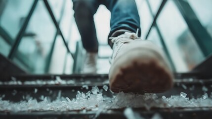 A close-up view of a person's foot stepping over sharp shards of glass on a staircase, highlighting themes of danger, caution, and the precarious nature of human choices and actions.