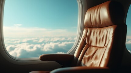 A cozy airplane seat showcased with a beautiful view of clouds outside the window, illustrating travel and comfort in aviation settings for passengers.