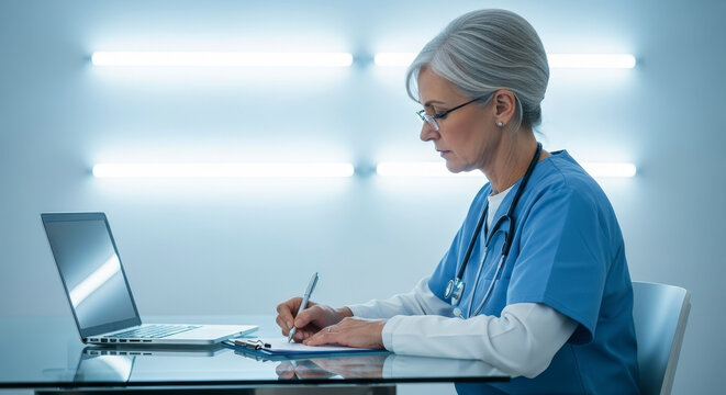 Focused Medical Professional in Blue Scrubs Writing at Desk with Laptop in Clinic Setting Under Bright White Light