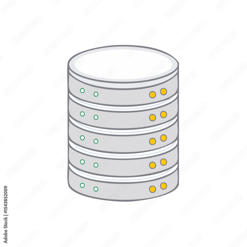 Poster cartoon illustration of server rack tower with circles indicating data flow or network activity on a