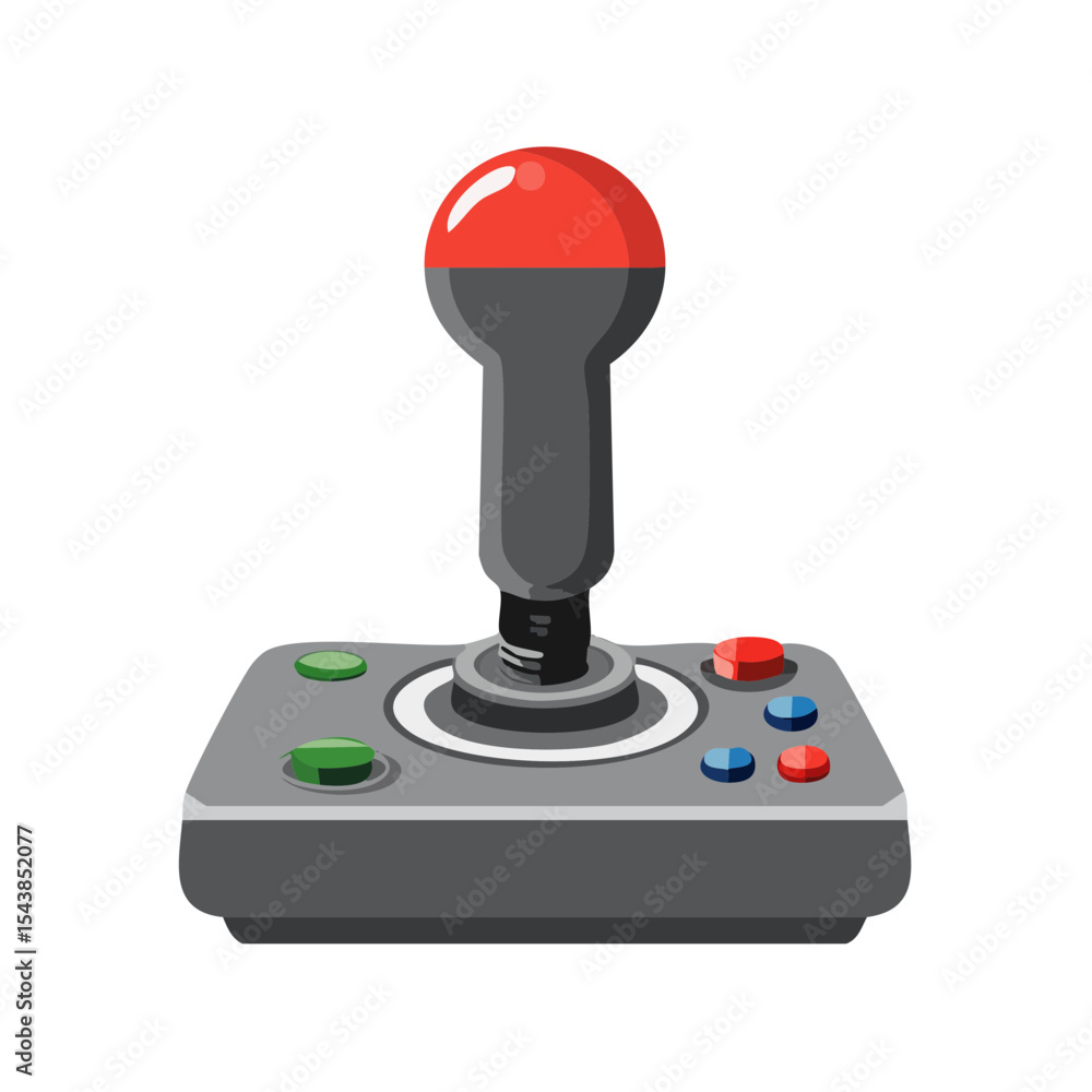 Poster retro style arcade joystick illustration, vector gaming console controller with buttons on black bac