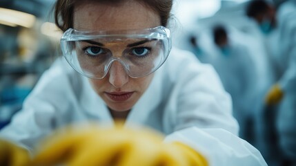 A determined scientist in protective gear is focused on her research, embodying dedication and innovation in a modern laboratory, representing the future of scientific exploration.