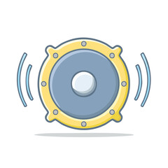Illustration of Loudspeaker Producing Sound Waves with Round Enclosure in Blue and Yellow
