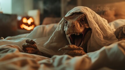 A captivating image of a dinosaur peeking out from under a sheet in bed, merging Halloween themes with a whimsical twist, perfect for themed stock visuals.