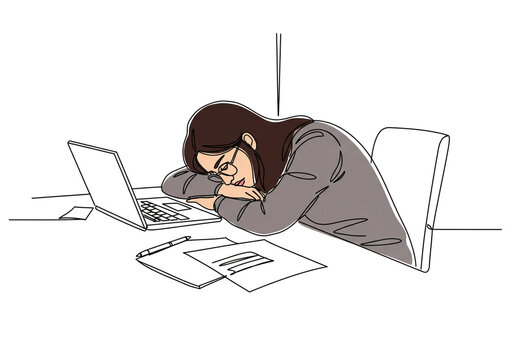 tired woman sleeping at desk, line art clip art preview