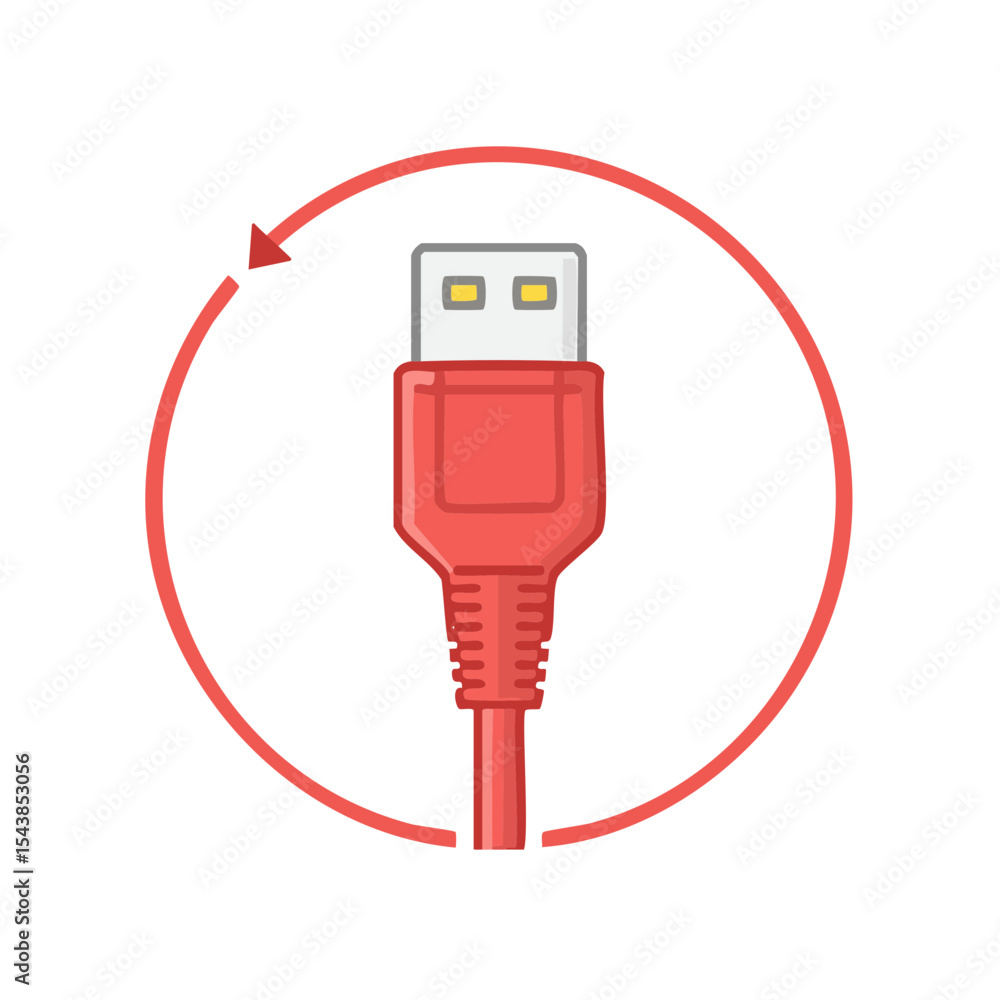 Poster red usb connector with circular arrow symbolizing data connection and technology transfer