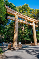 Japan's largest torii gate, leads to Meiji Jingu Shrine, Shibuya, Tokyo, Japan