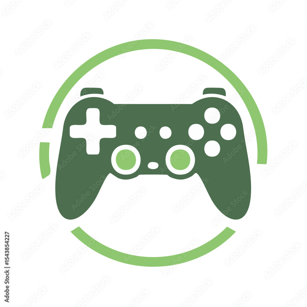 Poster green game controller icon surrounded by a broken circle on black background