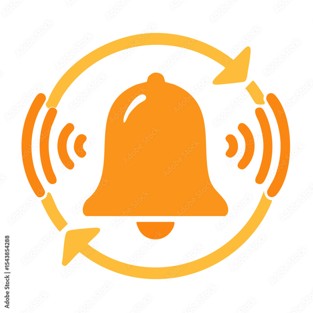 Poster orange notification bell icon with sound waves and circular arrow representing alerts and ringing re