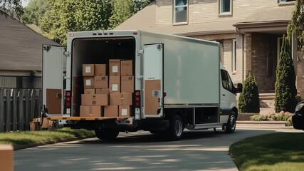 A modern moving van full of boxes, surrounded by boxs with the unloading process parked in front of a home. Residential moving process with truck parked in front of a home