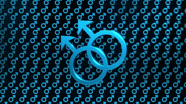 Gay, homosexuality gender sign in blue. Two male symbols combined. Sexuality between two men, gender, relationship. 3D animation