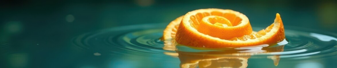 A spiral curl of orange peel floating in a pool of calm water with a subtle reflection, orange, peel