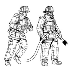 Firefighter Safety Gear Detailed Line Art Illustrations of Firefighters in Full Protective Gear