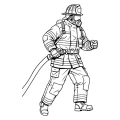 Brave Firefighter in Action Line Art Illustration of a Fireman in Full Gear