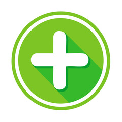 Fototapeta premium Simple green plus sign icon with long shadow for addition or positive symbol on a black background