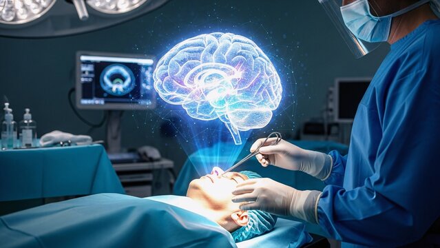 Surgeon wearing surgical mask and gloves uses augmented reality technology during a brain surgery, holding forceps and interacting with a holographic projection of a human brain in operating room