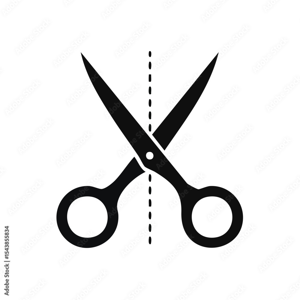 Poster open scissors with cut line on dark backdrop for diy crafting and design use