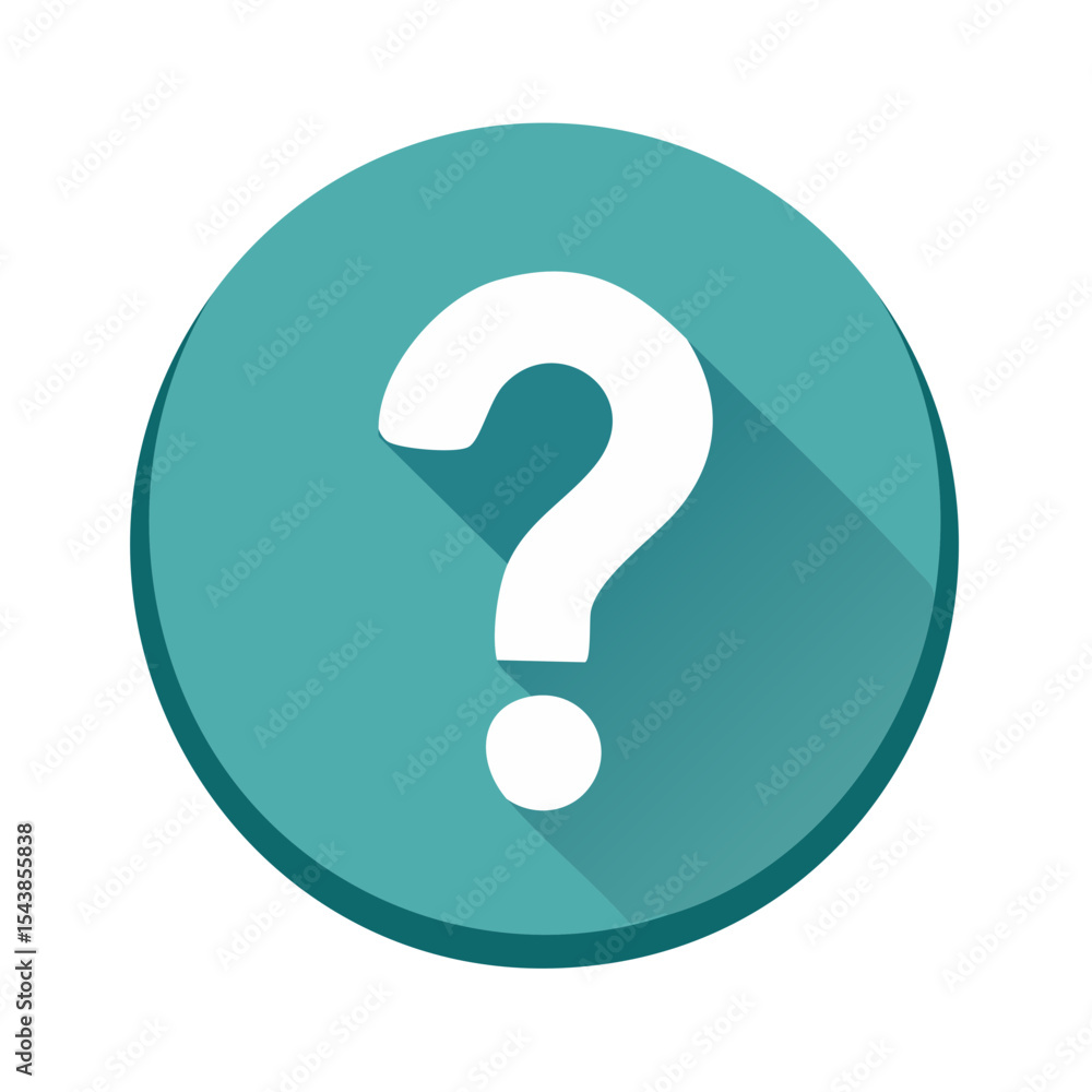 Aufkleber question mark icon on blue circle with long shadow, representing query and uncertainty