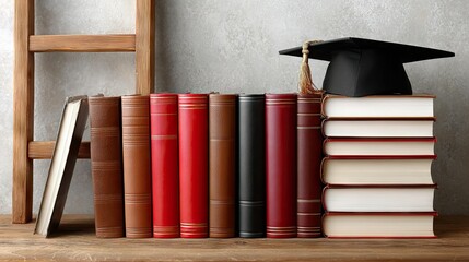 A ladder rests against a pile of books topped with a graduation cap, highlighting the importance of education in achieving modern business success.