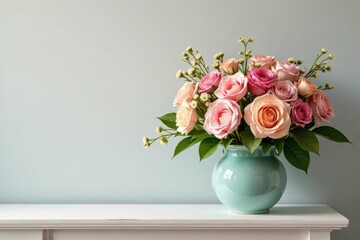 Fresh flowers arrangement with pastel colors on a mantel shelf, mantel, pastel