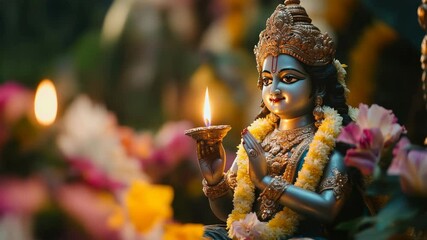 Krishna statue with diya oil lamp and flowers in temple, Vishu festival celebration, Krishna birth, Diwali,