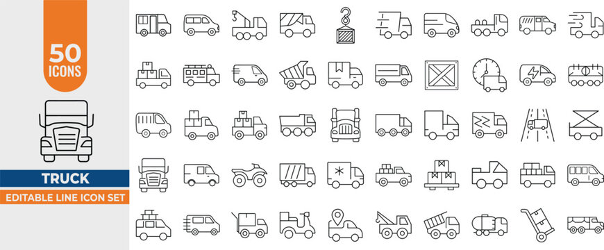 50 Truck & Logistics Line Icons Set – Editable Vector Set for Cargo, Delivery, Shipment & Vehicles. Editable Stroke. Vector illustration