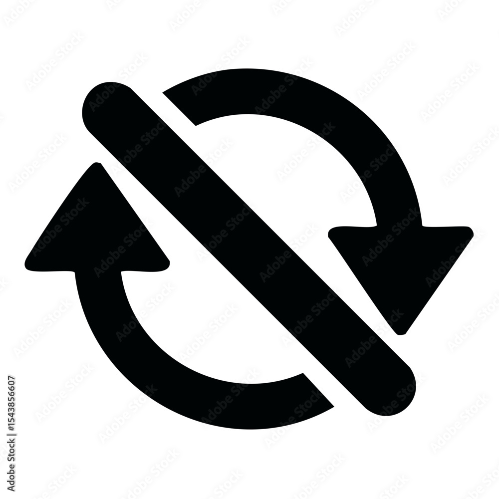 Poster two circular arrows rotating with diagonal line through, black icon
