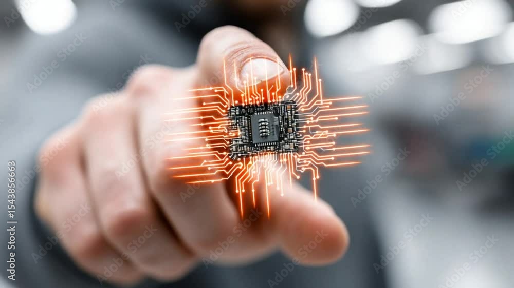 Poster man points to glowing microchip, futuristic technology concept, innovation and connectivity, artific