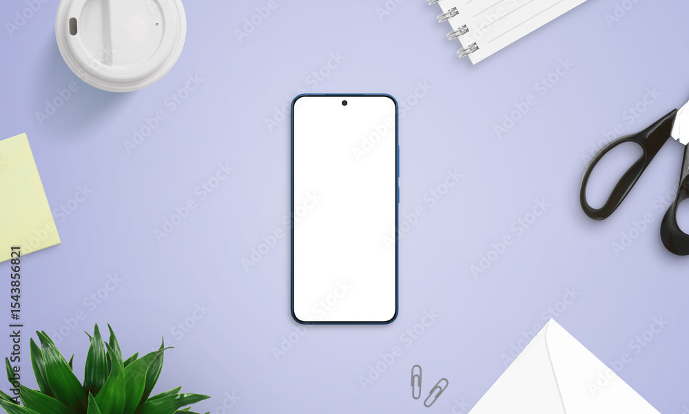 Poster top view of smartphone mockup on purple desk with creative items like scissors, sticky notes, coffee