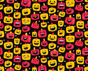 Seamless Halloween Pattern with Cute Pumpkin Faces Flat Style for Kids