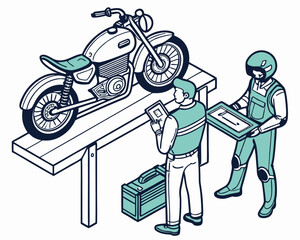 Isometric illustration of a man repairing a motorcycle in a modern workshop with assistance from an AI system providing real-time guidance and learning support.