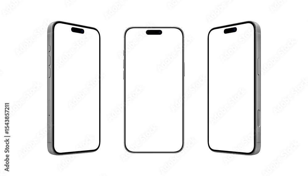 Poster monochrome mobile phone mockup trio with blank screens. perfect for ui presentations, app demos, or 